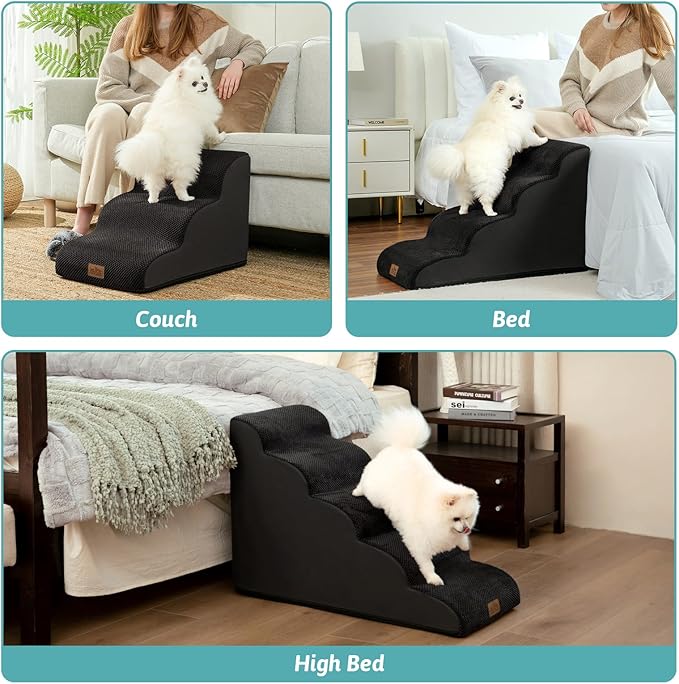 Wide Dog Stairs for Small Dog 15.7" H, Pet Step for Puppy, Older Cat, Curved Ramp for Couch, Durable Anti-Slip Ladder with High Density Foam, 3 Step, 17.7x22.4x15.7 inch, Black