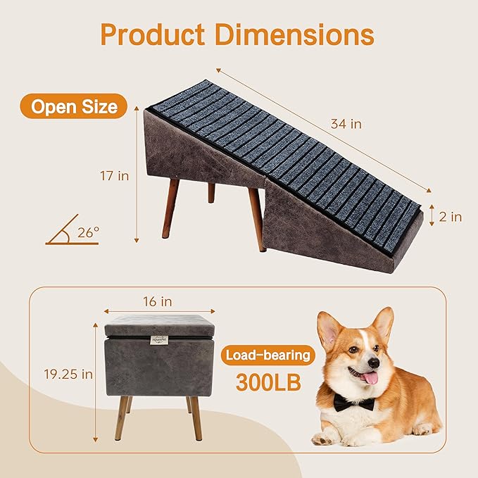 Dog Ramp for Bed and Couch,Wooden Foldable Dog Ramp,17 Inch Working Height, Non-Slip Ramp with Replaceable Carpet for Small Senior Dogs, Furniture Ramp Protect Joints(Brown XL 17" H)