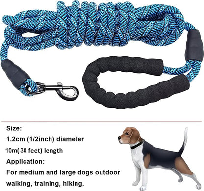 MayPaw 30ft Long Rope Dog Leash, 3/6/8/10/12/15/20FT Dog Lead Recall Training, Soft Padded Handle Thick Nylon Pet Leash for Large Medium Dogs (30ft * 1/2", Blue Black)