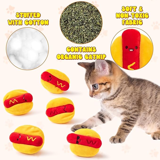 L1rabe Hot Dog Catnip Stuffed Toys - 5 National Pet Day Funny Hot Dog Cat Toys Indoor Yellow Interactive Pet Supplies, Kitten Chew Bite Tools Cat Lovers, Organic Eco-Friendly Birthday Gift