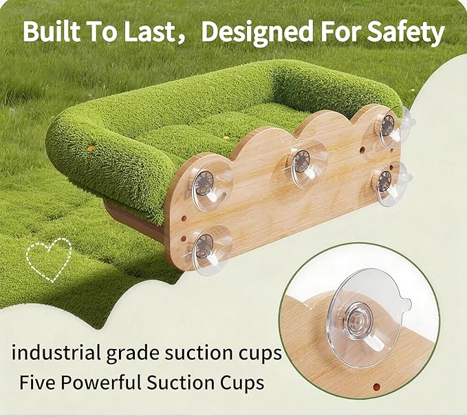 Cat Window Perch, Window cat Bed,Soft Cushion with Five Powerful Suction Cups,Nature Indoor Pet Shelf,Green
