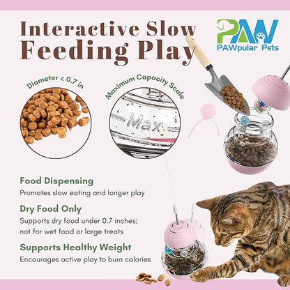 Interactive Cat Toy for Bored Indoor Cats, Tumbler Design with Teaser Wand, Cat Food Dispenser & Treat Puzzle Toy, Kitten Enrichment Toys for Mental Stimulation & Slower Eating (Pink)