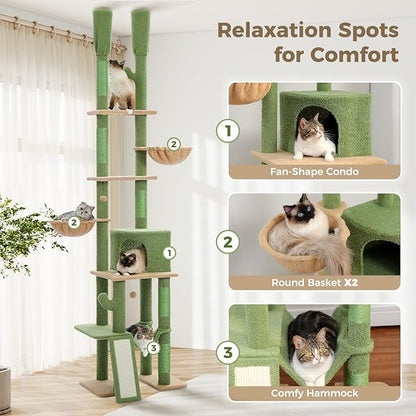 PAWZ Road Cactus Cat Tree Floor to Ceiling Cat Tower with Adjustable Height(85-112 Inches), 7 Tiers Climbing Activity Center with Cozy Hammocks, 5 Platforms and Scratching Posts for Indoor Cats