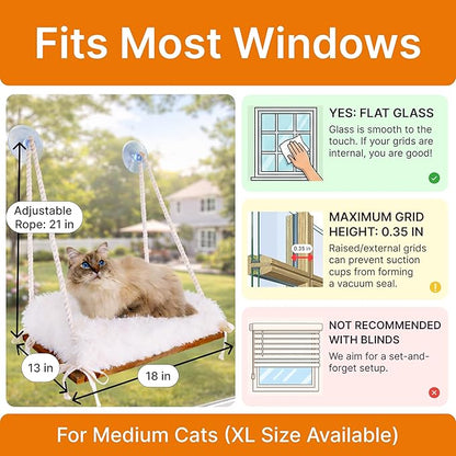 Cat Hammock with Industrial-Grade Suction Cups - Solid Pine Wood Seat, Soft Cushion - 42 lb Capacity