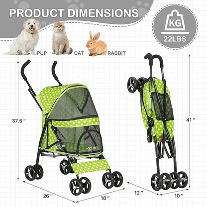Dog Stroller, 4 Wheels Pet Stroller for Cats with Storage Bag&Visible Mesh, Easy-Fold Umbrella Shaped Cat Stroller and Pet Stroller for Medium Dogs&Small Dogs, Lawn Green with White Polka Dots