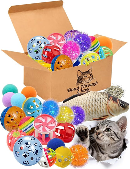 43 Pcs Cat Toys Set for Indoor Bored Kitten - Catnip Fish, Bell Balls, Plush Balls, Glow Balls & Extra Catnip Packs (1.5'' - 8.2'')