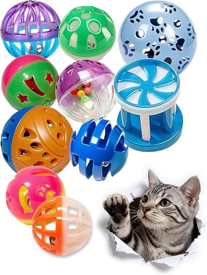 10-Pack Cat Toys Indoor Bored Kitten, Plastic Lattice Jingle Balls, 10 Styles Colorful Interactive Balls for Kitties (1.5'' - 2.1'')