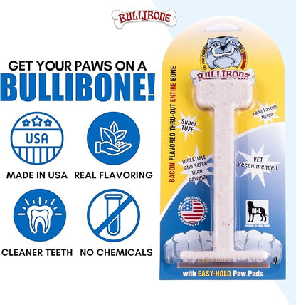 Bullibone Nylon Dog Chew Toy for Aggressive Chewers - Dental Hygiene Bone with Bacon Flavor, Durable Tough Chew Toys for Large Dogs, Indestructible Dog Bone - 2 Pack