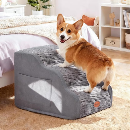 15.7”H Ramp Dog Stairs for Small Dogs, Side Armrest 3 Tier Wider Curved Pet Stairs for Couch and Beds，High-Density Foam Indoor Dog Steps with Non-Slip Bottom and Washable Cover for Old Cats