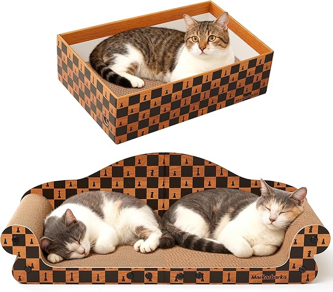 27 Inch Cat Couch Scratcher, Large Cardboard Box with Durable Scratch Pad for Cats, Comfortable Cat Scratching Sofa & Cozy Nest with Reversible Scratchers