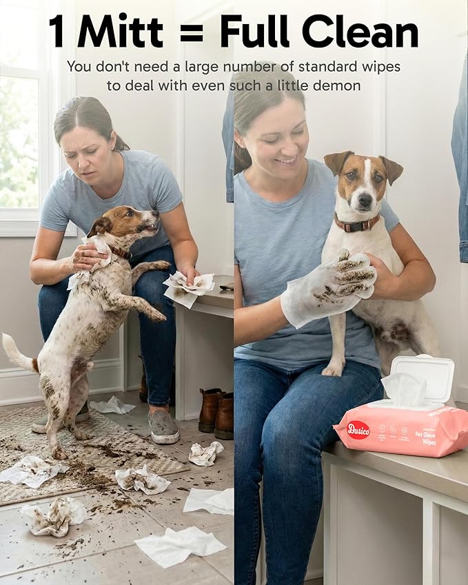 Dusico® Pet Glove Wipes with Microfiber Towel (20 Pack) Unscented – Chlorhexidine Dog Wipes – Oil-Free & Aloe-Free Hypoallergenic Cat Grooming Gloves. Deodorizing Formula with Cucumber & Chamomile