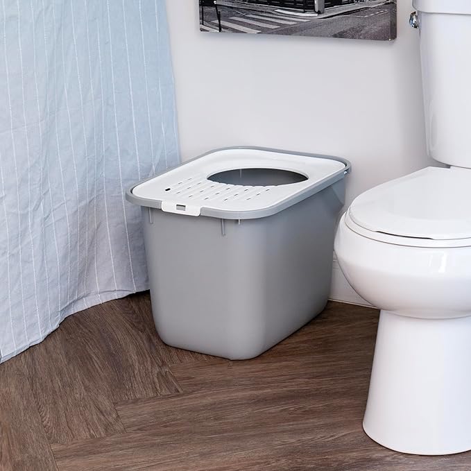 IRIS USA Large Cat Litter Box Top Entry with Lid, Enclosed Litter Box with Litter Catching Lid & Scoop, Covered Cat Litter Box Enclosure for Privacy, High Sided, Gray/White