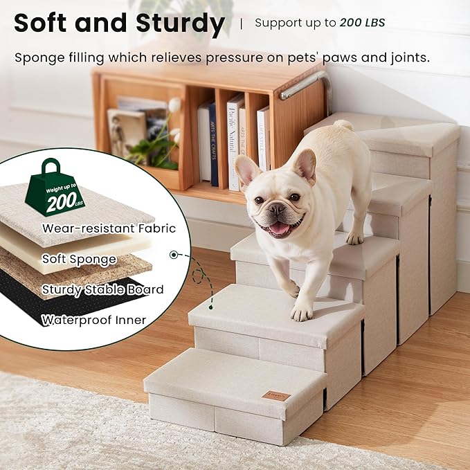 Love's cabin Dog Stairs for High Bed 22" H, Foldable Pet Stairs for Small Medium or Large Dogs Puppy with Storage for Bed or Couch, Cat Dog Steps Ramp with Zip up to 200 lbs, Beige, 5 Steps