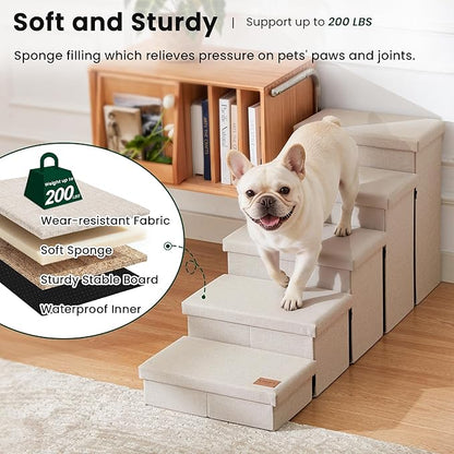 Love's cabin Dog Stairs for High Bed 22" H, Foldable Pet Stairs for Small Medium or Large Dogs Puppy with Storage for Bed or Couch, Cat Dog Steps Ramp with Zip up to 200 lbs, Beige, 5 Steps