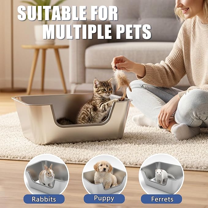 Stainless Steel Cat Litter Box with Low Entry,Litter Pan for Small and Medium Cats,Easy to Clean, Non-Stick, Odor-Free,Suitable for Kittens,Senior Cats and Injured Pets,17.7"x13.8"x5.9"