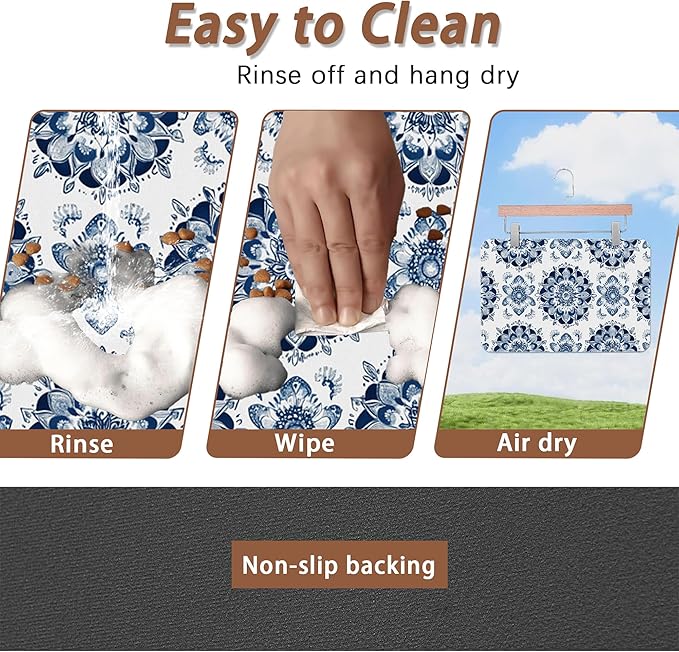 Mandala Flower Dog Food Mat for Floors,Blue Boho Floral Absorbent Quick-Dry Pet Feeding Mat,Cat Dog Bowl Mats for Food and Water,Non-Slip Pet Accessories Supplies 16"x24"
