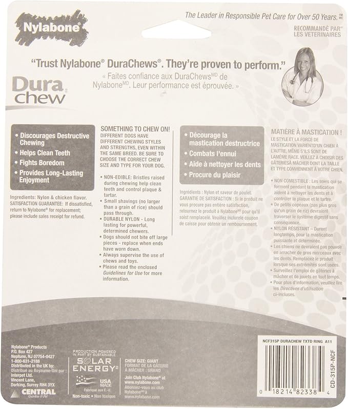 Nylabone Dura Chew Large Textured Ring Dog Chews, Chicken Flavor, Pack of 3