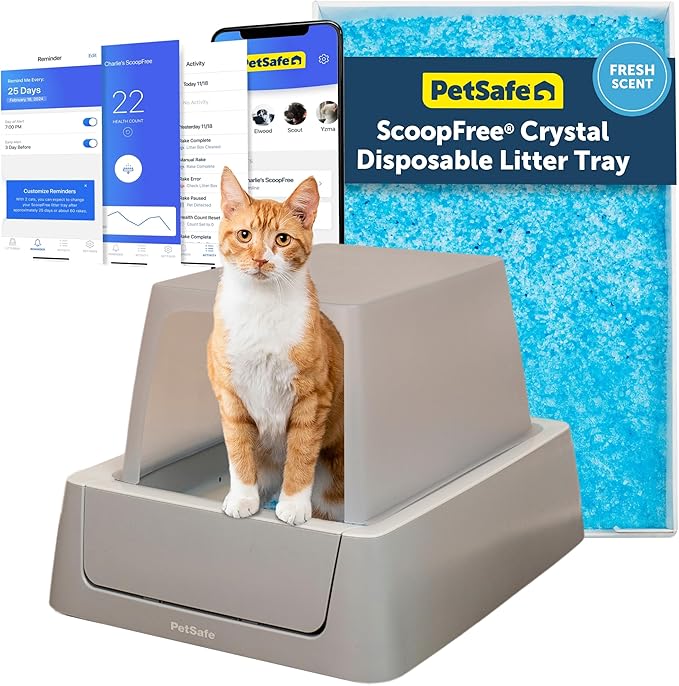 PetSafe ScoopFree Crystal Smart Self-Cleaning Automatic Litter Box - Front Entry - Uncovered Motion-Sensing Cat Box with Integrated Health Counter & App - Includes 1 Disposable Crystal Litter Tray