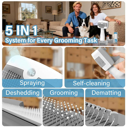 Pet Steam Brush for Dogs & Cats,5-in-1 Self-Cleaning Dog Steam Brush with 3 Swap-in Heads (Grooming, Dematting, Deshedding),Cat Spray Hair Removal Comb,Includes Pet Essence & Storage Bag