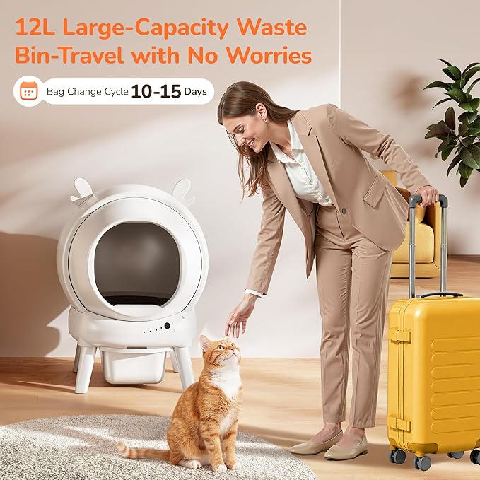 Automatic Self Cleaning Litter Box, Cat Litter Box with APP Control, 65L Globe & Dual Safety Sensors, Robot Litter Box, 1 Roll Garbage Bags and Litter Mat, <35DB, for Multiple Cats, White
