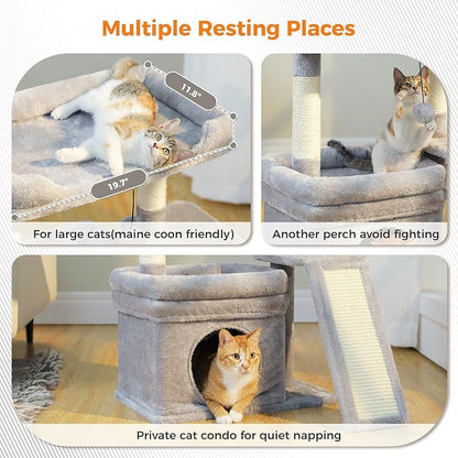 PEQULTI Small Cat Tree Tower for Large Adult Cats with Wide Top Perch, Private Cat Condo and Sisal Scratching Post&Pad for Indoor Cats, Gray