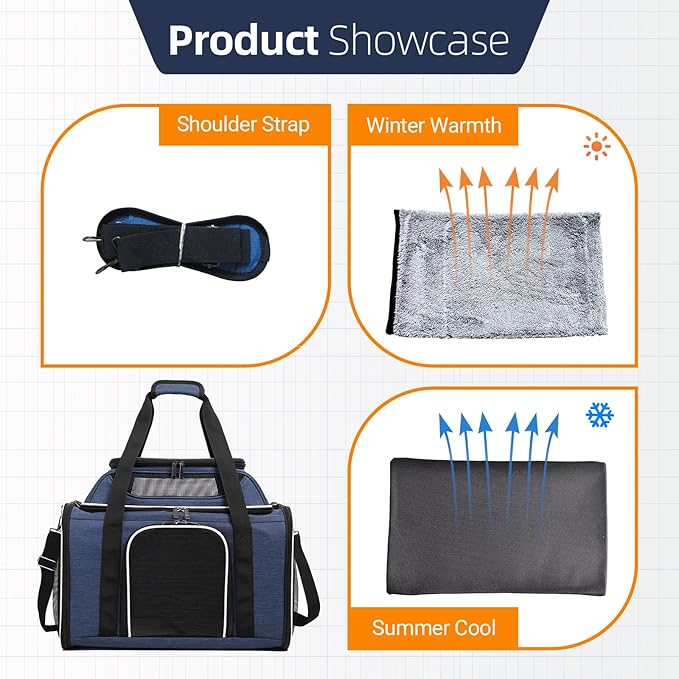 Blue Soft-Sided Pet Carrier for Large Cats & Small Dogs, Airline Approved, with Shoulder Strap & Removable Mat, Breathable Soft Mesh, Comfortable Cat Backpack Carrier
