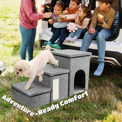 Dog Stairs for Small Dogs, 3 Tiers Dog Step with Storage, Foldable Older Cat Ramp with Condo Cat Scratcher, Portable Pet Ladder for High Bed Couch Chair Car, Up to 165 Lbs, 17 Inch
