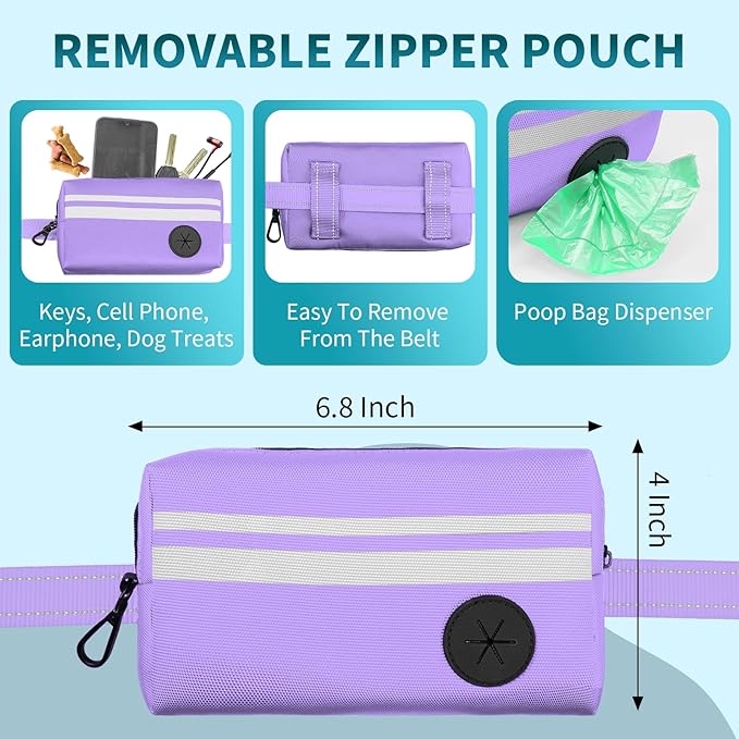 Hands Free Dog Leash with Removable Zipper Pouch, Dual Padded Handles and Durable Bungee for Walking, Jogging and Running-Your Dog (Large, 35-140 lbs Purple