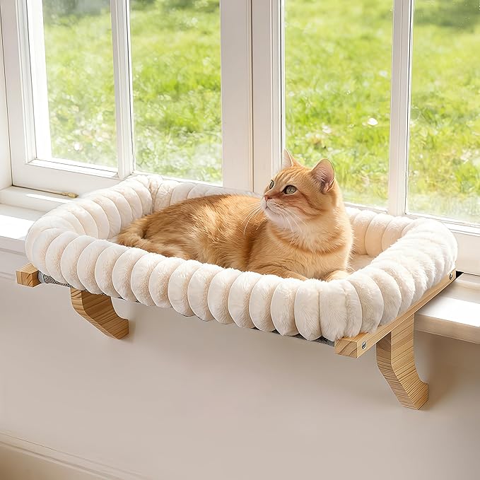 Cloud-Cuddle Cat Perch for Window Sill with Bolster, Natural Wood & Metal Frame Cat Window Seat for Large Cats, Easy to Adjust Zipper Cushion Pet Bed for Windowsill (Medium)