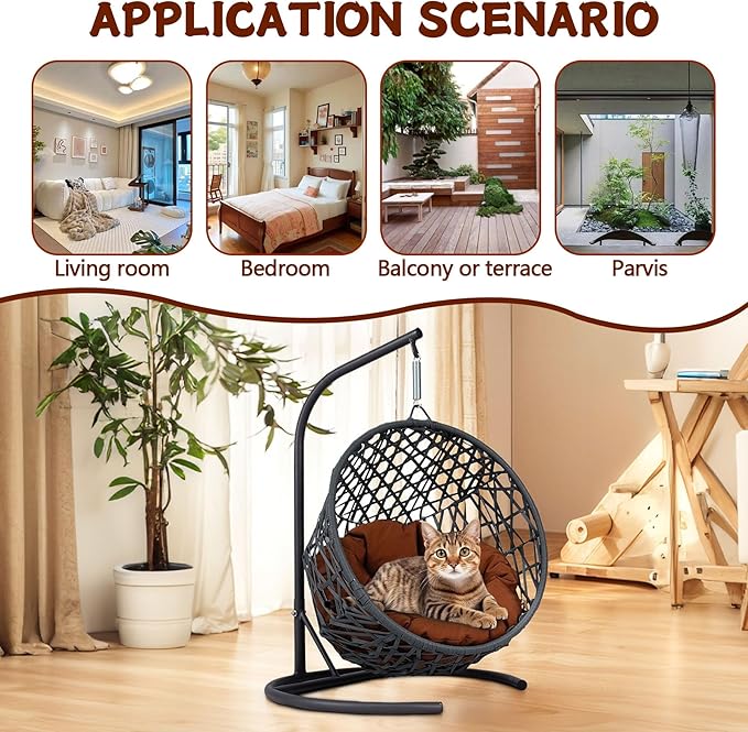 Anwick Cat Swing Bed with Stand & Cushion Indoor Outdoor, Egg Chair with Rattan Wicker Appearance, Indoor Hanging Swinging Hammocks for Cat, Dogs, and Small Animals Bedroom Porch (Brown-2)