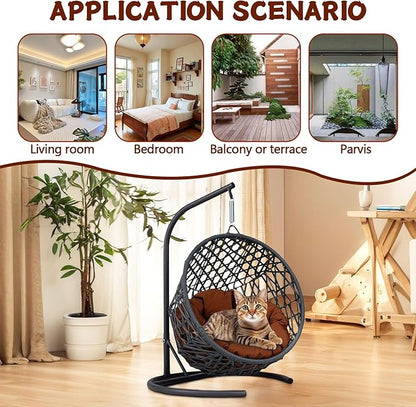 Anwick Cat Swing Bed with Stand & Cushion Indoor Outdoor, Egg Chair with Rattan Wicker Appearance, Indoor Hanging Swinging Hammocks for Cat, Dogs, and Small Animals Bedroom Porch (Brown-2)