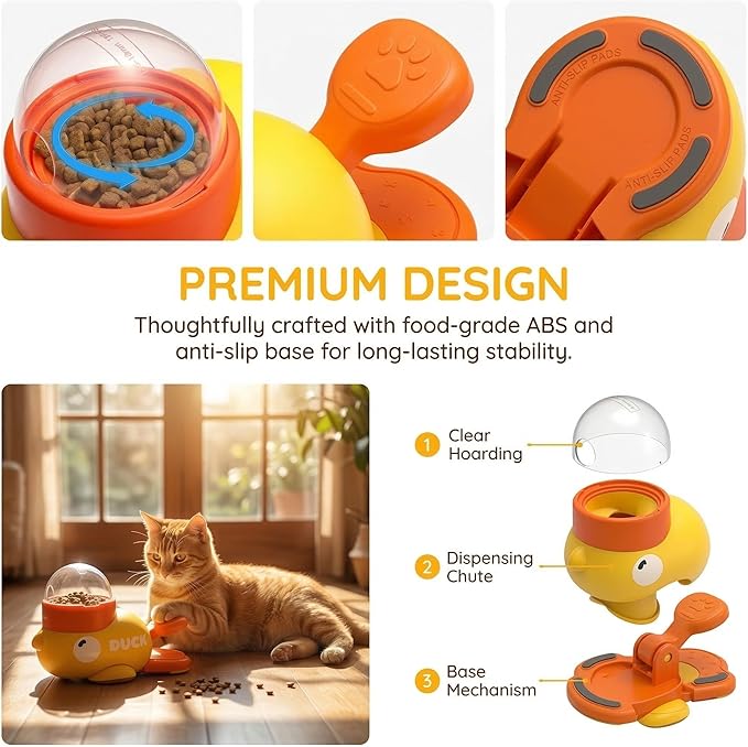 Duck Treat Dispenser Toy for Dog, Cat Treat Dispenser, Interactive Pet Feeder with Pedal, Slow Feeding Puzzle Toy for Dogs and Cats, Food Dispensing Game for Dry Kibble (Yellow)