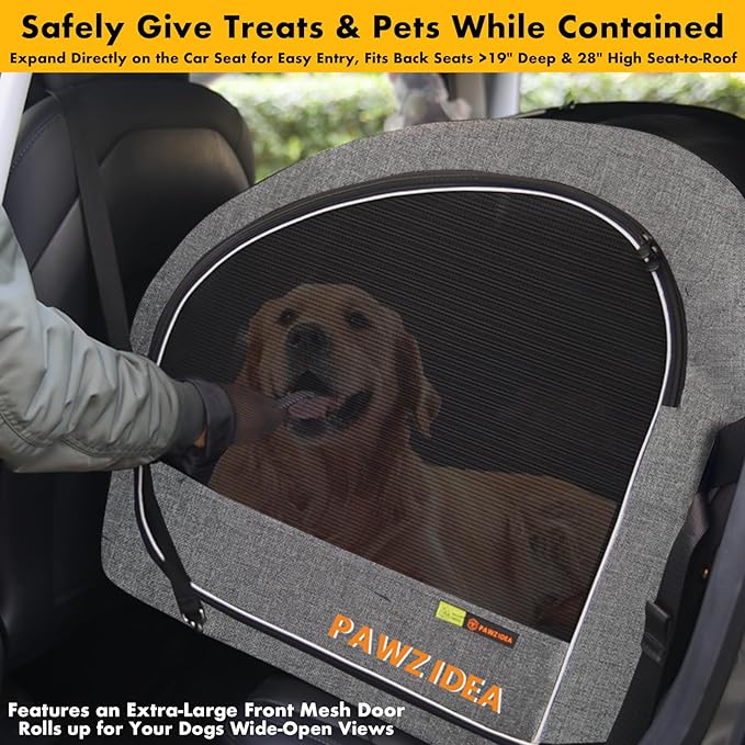 PAWZIDEA Portable Dog Crate for Car Travel, Collapsible Pet Travel Crates for Medium & Large Dogs, Enclosed Soft-Sided Car Kennel Carrier for Backseat, Secures w/Seatbelt & Headrest Strap, Chew-Proof