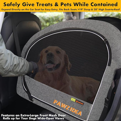 PAWZIDEA Portable Dog Crate for Car Travel, Collapsible Pet Travel Crates for Medium & Large Dogs, Enclosed Soft-Sided Car Kennel Carrier for Backseat, Secures w/Seatbelt & Headrest Strap, Chew-Proof