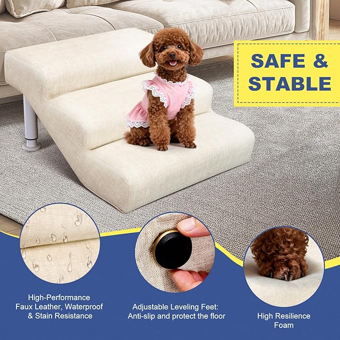 DoCred Adjustable Pet Stairs for Beds & Sofas - 3 Step 11.8"-14.5" H Non-Slip Dog Stairs for Small to Medium Dogs & Cats, Supports up to 150 lbs - Linen Faux Leather Dog Steps