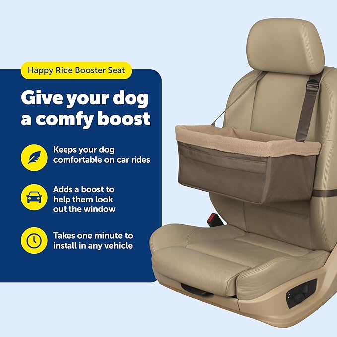 PetSafe Happy Ride Booster Seat for Dogs - Open Road Comfort - Safe Tether System - Zipper Pouch Dog Seat - Machine Washable Fleece Liner - Easy Install Design - Brown - Up to 18 lb