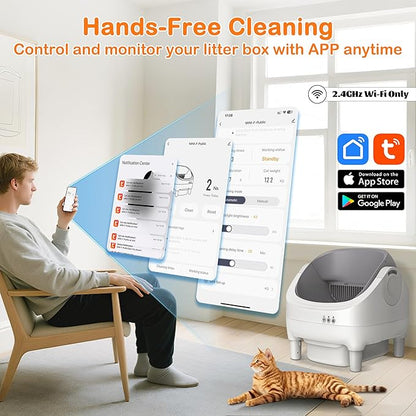 HIMIX Open-Top Automatic Cat Litter Box Self Cleaning, Smart Electric Robot Litter Box for Multiple Cats, APP Control via Tuya 2.4GHz WiFi, Odor-Free 10L Trash Bin, Washable Drum, Cat Safe Design
