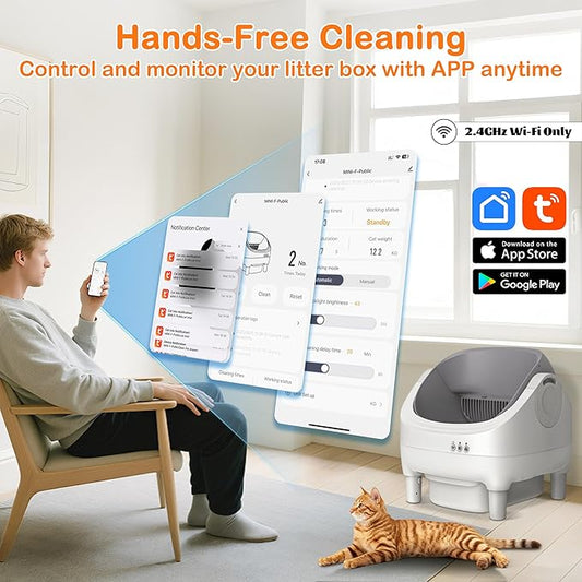 HIMIX Open-Top Automatic Cat Litter Box Self Cleaning, Smart Electric Robot Litter Box for Multiple Cats, APP Control via Tuya 2.4GHz WiFi, Odor-Free 10L Trash Bin, Washable Drum, Cat Safe Design