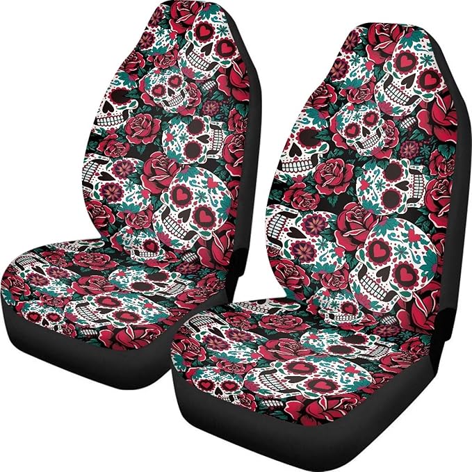 Dreaweet Halloween Car Seat Covers Front Seats Only Goth Car Accessories 2 Piece Red Rose Skull Front Car Seat Cover Washable Universal Fit Most Cars SUV Sedan Trucks