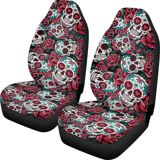 Dreaweet Halloween Car Seat Covers Front Seats Only Goth Car Accessories 2 Piece Red Rose Skull Front Car Seat Cover Washable Universal Fit Most Cars SUV Sedan Trucks