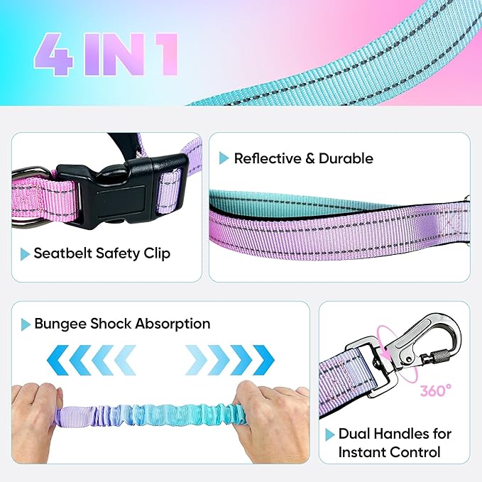 Hands Free Dog Leash for Large Medium Dogs – Bungee No Pull Running Leash with Dual Padded Handles, Reflective Nylon, Adjustable Waist Belt, Seatbelt Clip for Walking, Jogging, Hiking (BluePink)