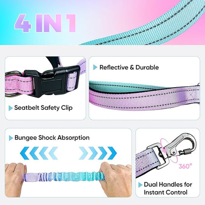 Hands Free Dog Leash for Large Medium Dogs – Bungee No Pull Running Leash with Dual Padded Handles, Reflective Nylon, Adjustable Waist Belt, Seatbelt Clip for Walking, Jogging, Hiking (BluePink)