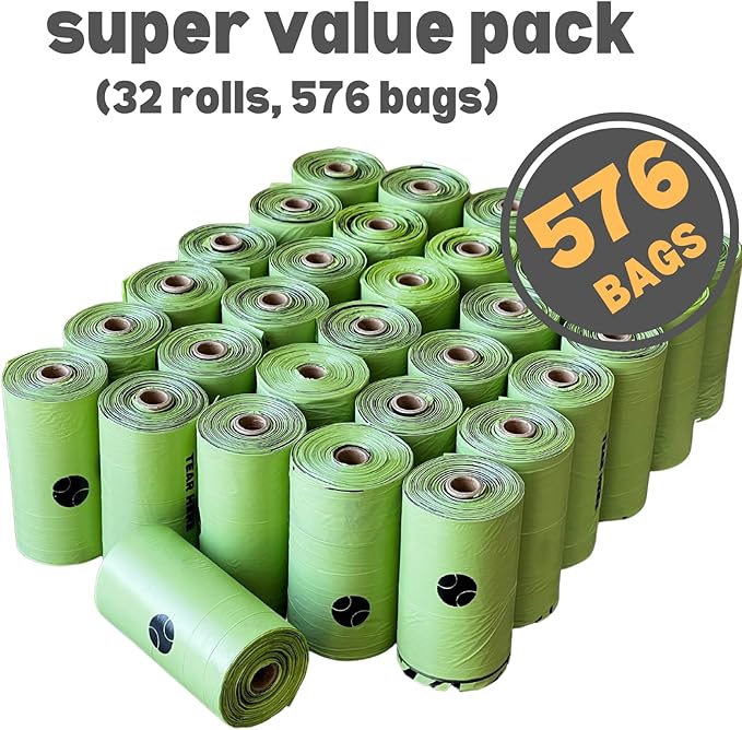 Biodegradable Dog Poop Bags with Dispenser (576 Bags) Eco-friendly doggy poop Pickup Bags 32 Refill Rolls Eco Dog Waste Bags Cat Litter Clamps & Poop Bags (32 Rolls, Uscented)