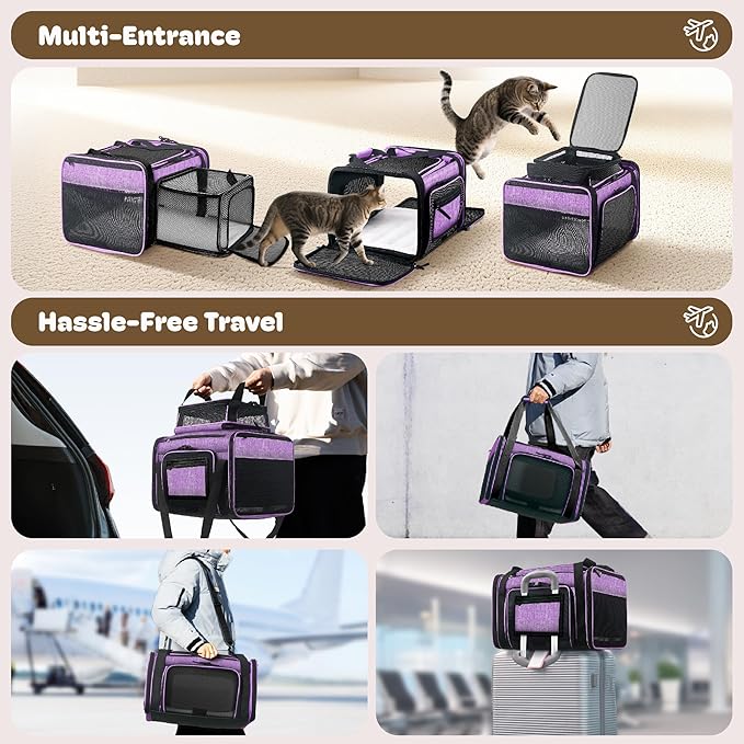 Top and 2 Sides Expandable Pet Carrier 17x11x9.5, TSA Airline Approved Small Dog Carriers for Small Dogs, Soft-Sided Cat Carrier with Self-Locking Zippers for Kitten,Rabbit, Puppy, Guinea Pig Purple