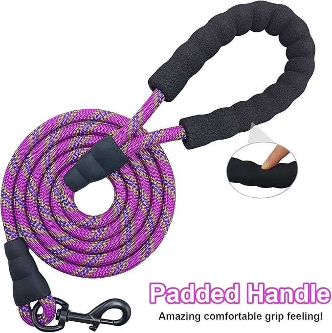 MayPaw Heavy Duty Rope Dog Leash, 3/4/5/6/7/8/10/12/15 FT Nylon Pet Leash, Soft Padded Handle Thick Lead Leashes for Large Medium Dogs (Purple, 1/2" * 8')