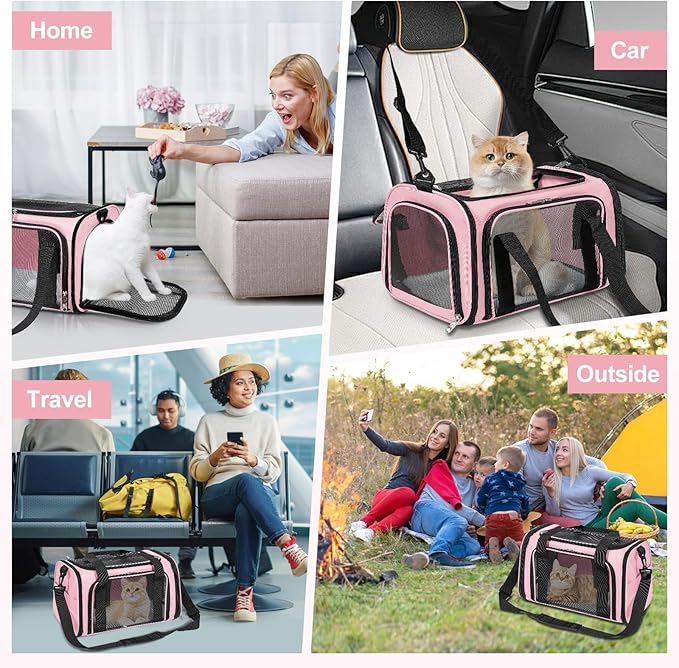 Discala Cat Dog Carrier Up to 15 Lbs TSA Airline Approved Pet Carrier for Small Medium Cats Puppies Dog Carriers for Small Dogs Collapsible Soft Sided Cat Travel Carrier - Pink 15.7"x10.2"x10.2"