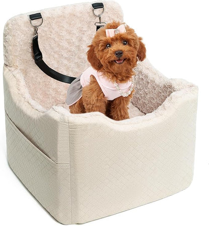 Dog Car Seat for Small Medium Dogs - 6.7inch Elevated Dog Booster Car Seats with Deluxe Rose Plush, Washable Safety Pet Carseat Travel Bed with 2 Safety Belts and Storage Pockets(Beige)