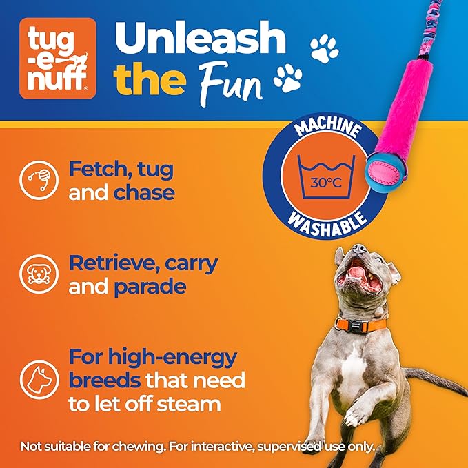 Tug-E-Nuff Fauxtastic PowerBall Bungee, Durable, Faux-Fur Fetch & Tug of War Dog Toy with Rubber Ball, Interactive Dog Tug Toys for Training Small, Medium, Large Dogs, 25 in, Orange Pattern