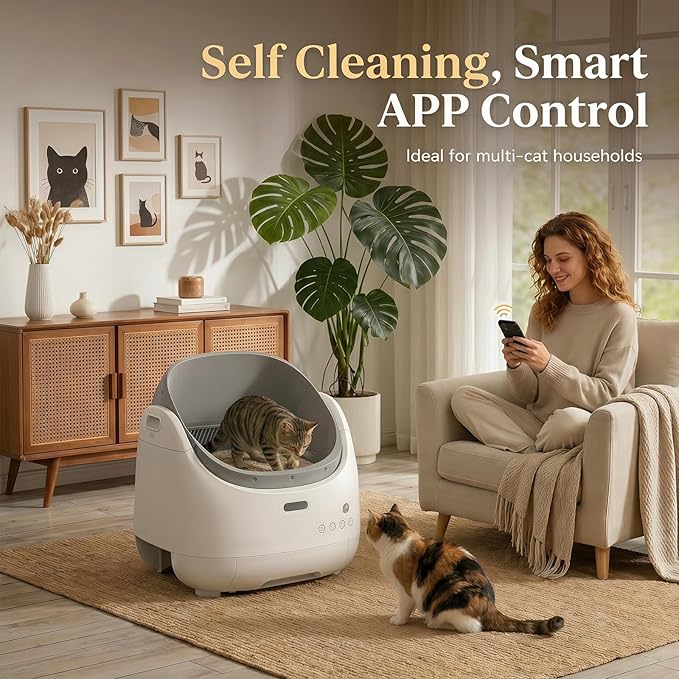 Self Cleaning Litter Box, Open Top Automatic Litter Box with Cat Proximity Sensing, Anti-Pinch 100L Large Auto Robot for Multiple Cats, Including Litter Mat Waste Bag