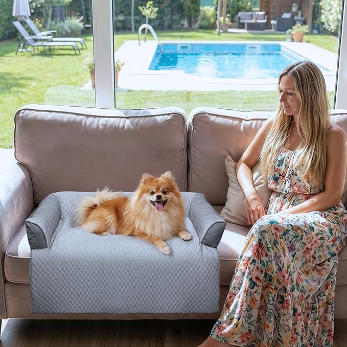 GGIB Cooling Dog Bed Mat with Bolster Pillow Washable Dog Couch Cover Breathable Summer Pet Couch Bed Protector Indoor(Small, Cooling Grey)